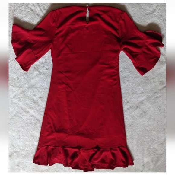 LULU'S Charm In Arm Bright Red Flutter Sleeve & Hem Sheath Dress Button Close XS - Picture 10 of 12